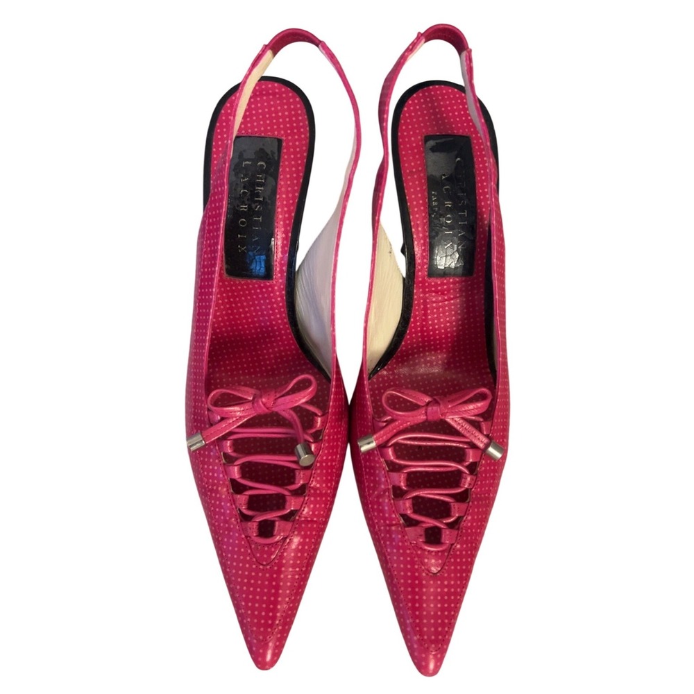 DISCONTINUED Christian Lacroix pink slingback pump w lace and bow accent